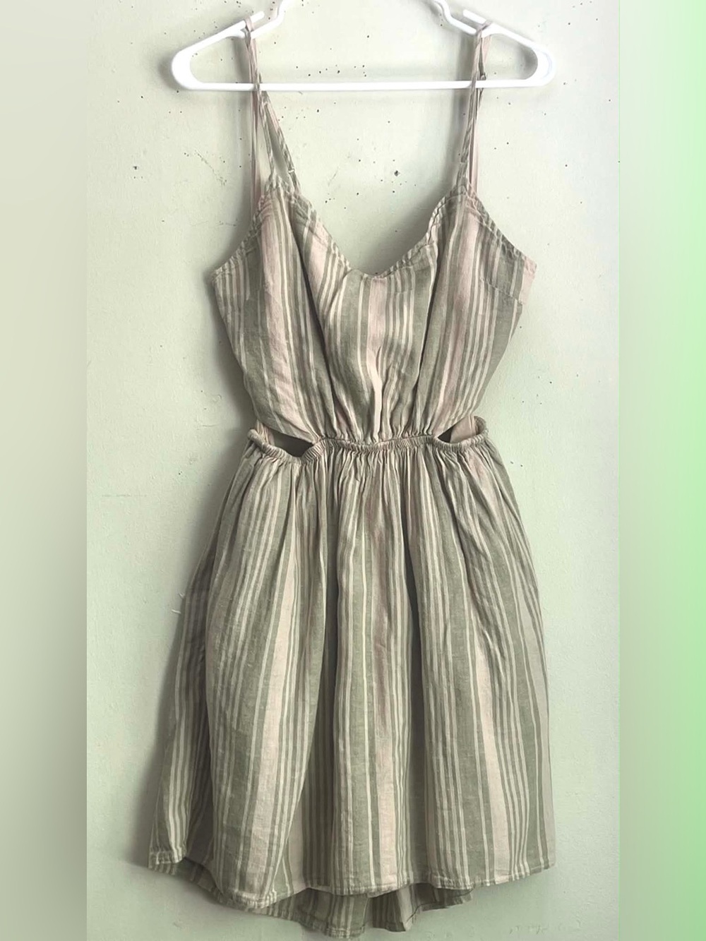 American Eagle Outfitters Green and Cream Striped Midi Dress with Side Cutouts